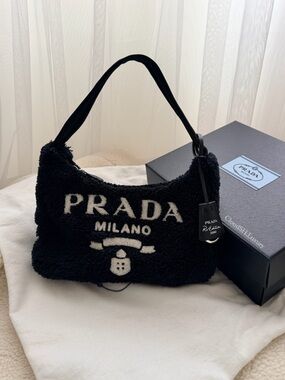 Auth Prada Re-Edition 2000 Black Terry Cloth Bag - Excellent Condition